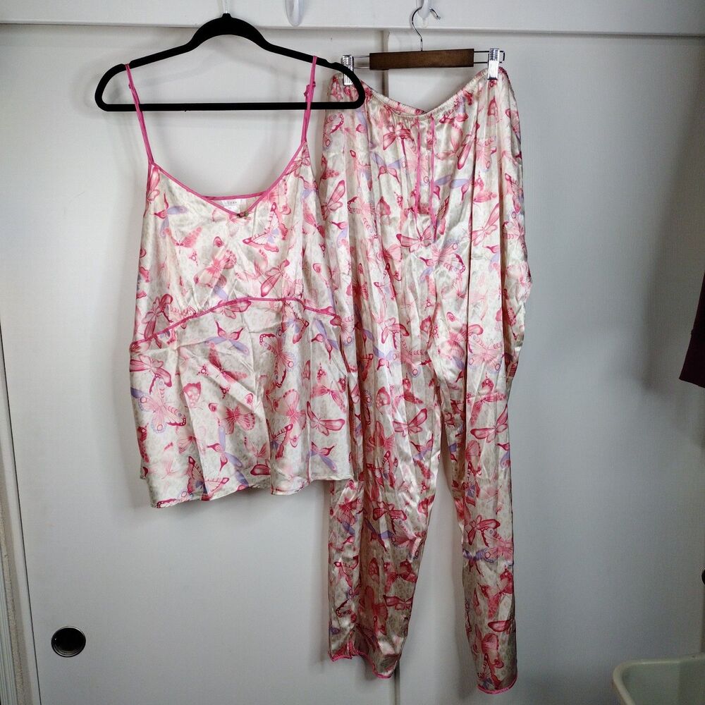 Babydoll Top Pants Pink Butterfly Satin 2 Piece Pajama Set Y2K Kmart Plus Sz 2X